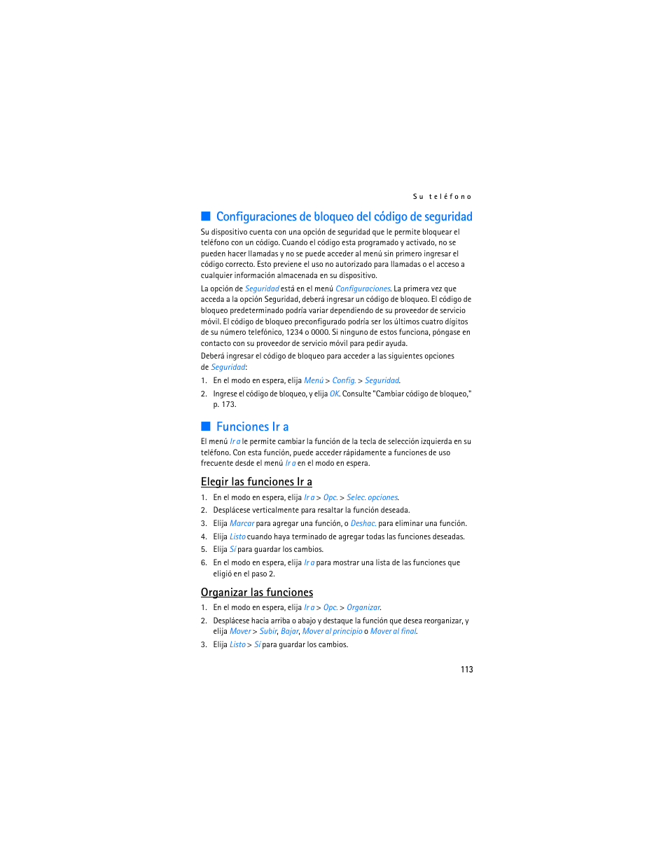 Configuraciones de bloqueo del código de seguridad, Funciones ir a, Elegir las funciones ir a | Organizar las funciones | Nokia 6155i User Manual | Page 114 / 209