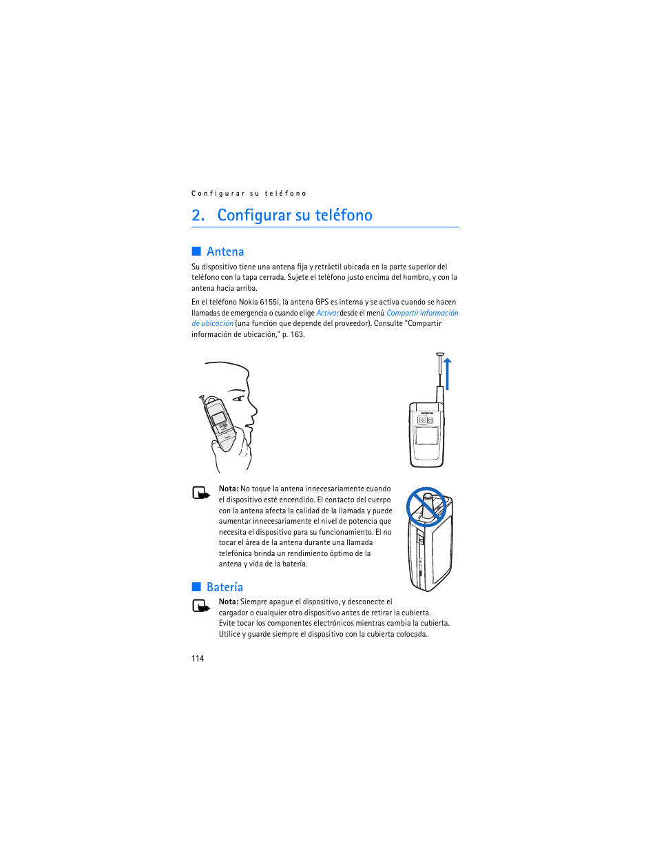 Configurar su teléfono, Antena, Batería | Nokia 6155i User Manual | Page 115 / 209