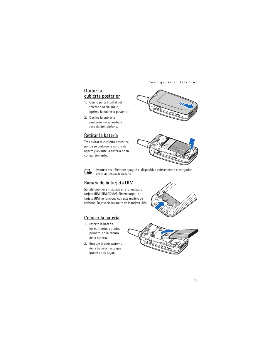 Quitar la cubierta posterior, Retirar la batería, Ranura de la tarjeta uim | Colocar la batería | Nokia 6155i User Manual | Page 116 / 209