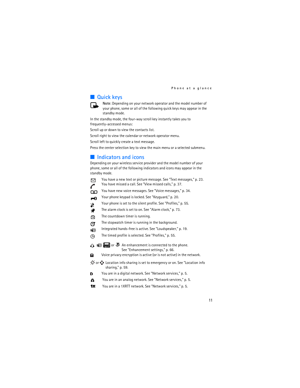 Quick keys, Indicators and icons | Nokia 6155i User Manual | Page 12 / 209