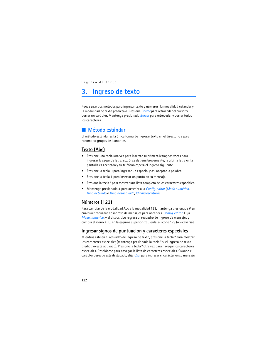 Ingreso de texto, Método estándar, Texto (abc) | Números (123) | Nokia 6155i User Manual | Page 123 / 209