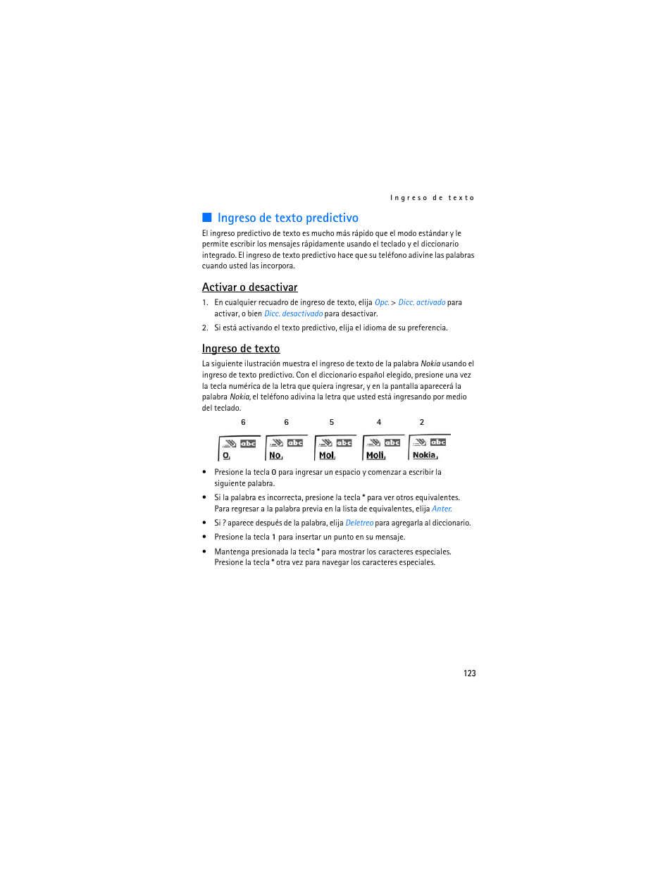 Ingreso de texto predictivo, Activar o desactivar, Ingreso de texto | Nokia 6155i User Manual | Page 124 / 209