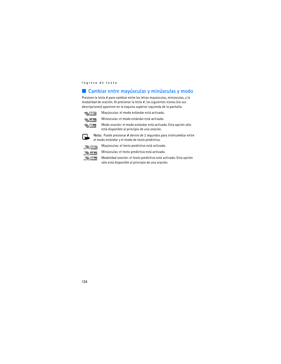 Cambiar entre mayúsculas y minúsculas y modo | Nokia 6155i User Manual | Page 125 / 209