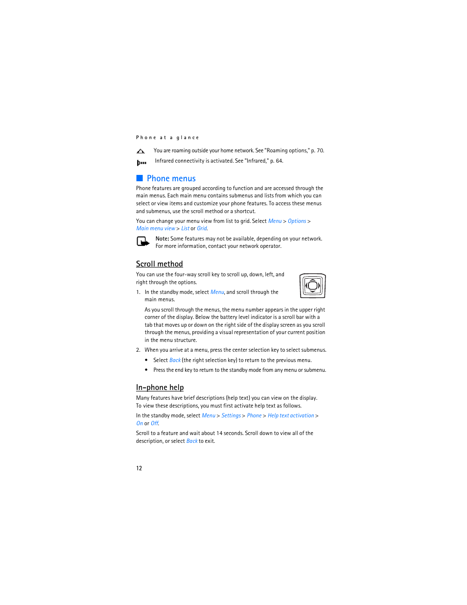 Phone menus, Scroll method, In-phone help | Nokia 6155i User Manual | Page 13 / 209