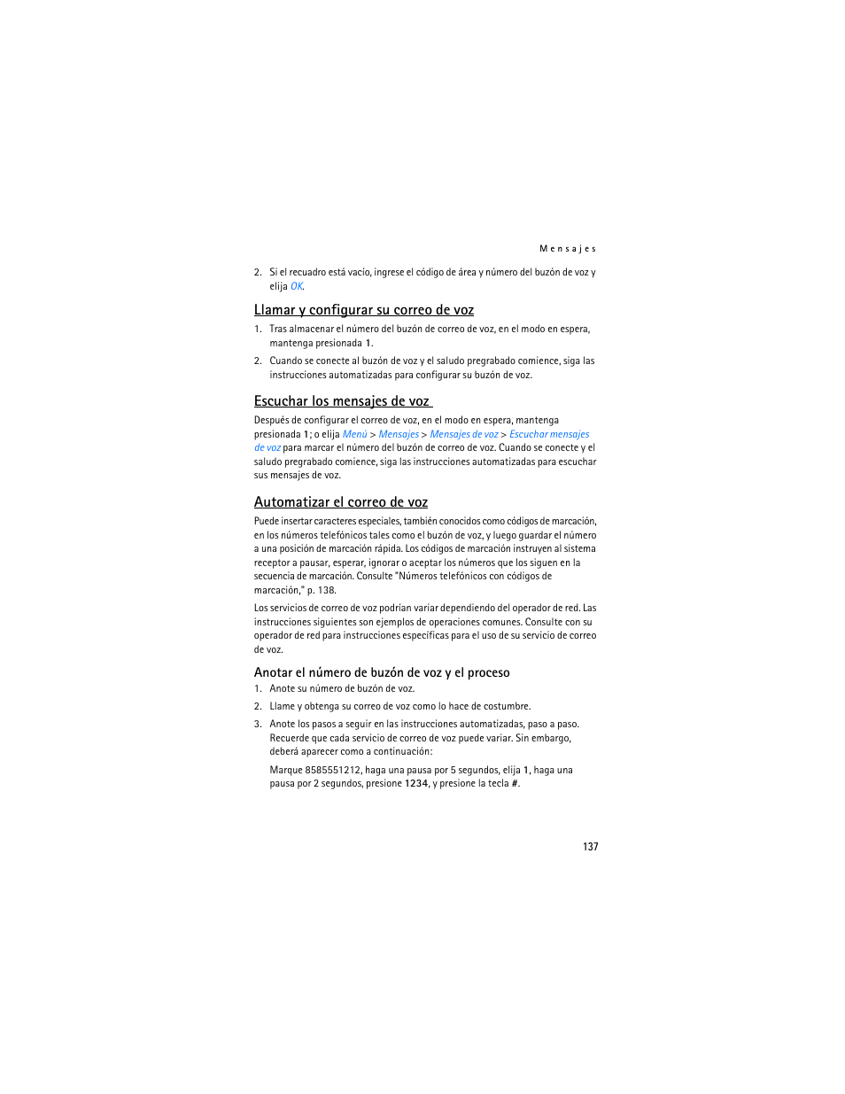 Llamar y configurar su correo de voz, Escuchar los mensajes de voz, Automatizar el correo de voz | Nokia 6155i User Manual | Page 138 / 209