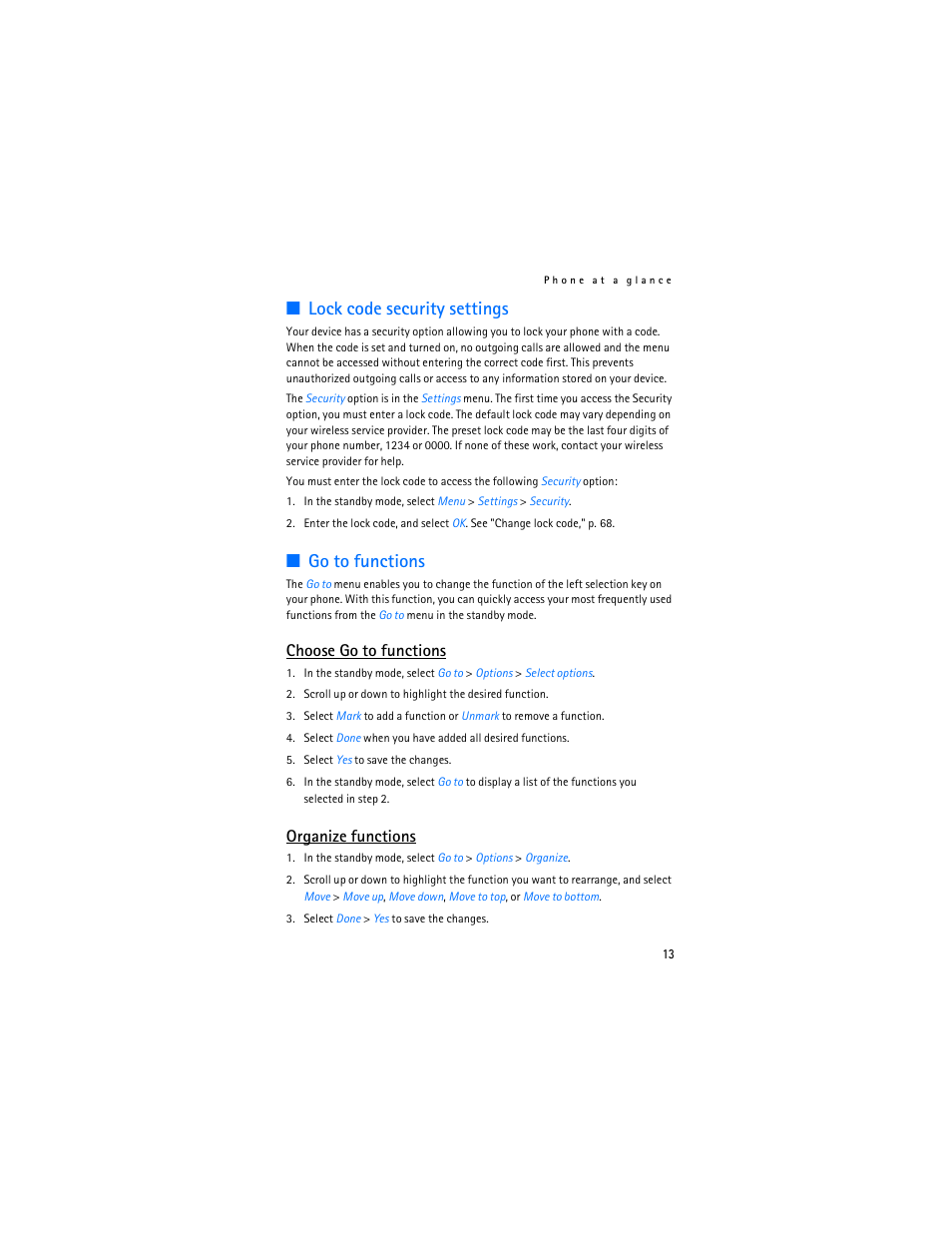 Lock code security settings, Go to functions, Choose go to functions | Organize functions | Nokia 6155i User Manual | Page 14 / 209