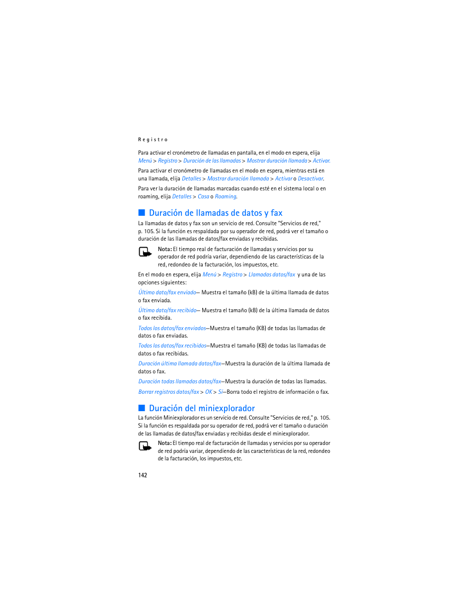 Duración de llamadas de datos y fax, Duración del miniexplorador | Nokia 6155i User Manual | Page 143 / 209