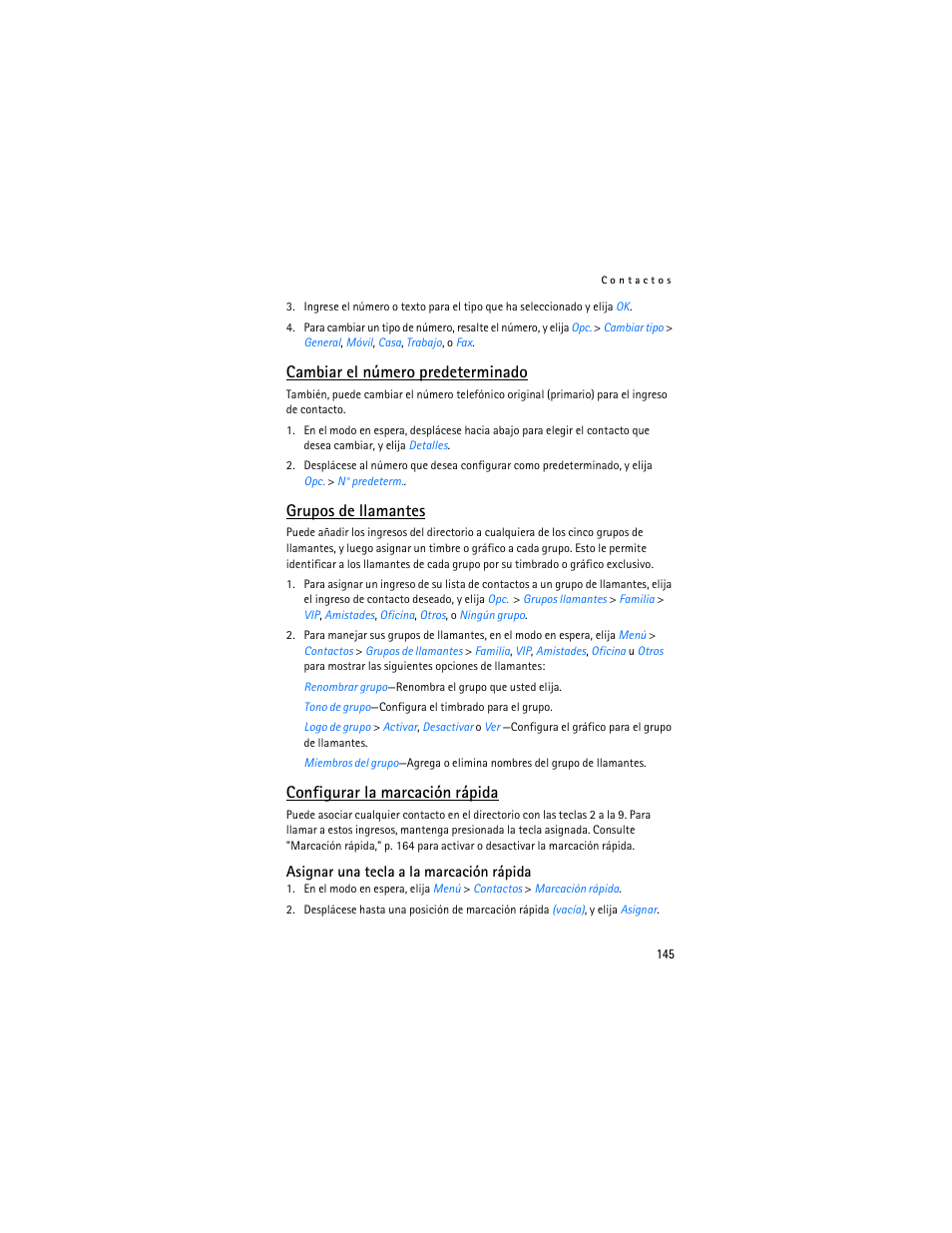 Cambiar el número predeterminado, Grupos de llamantes, Configurar la marcación rápida | Nokia 6155i User Manual | Page 146 / 209