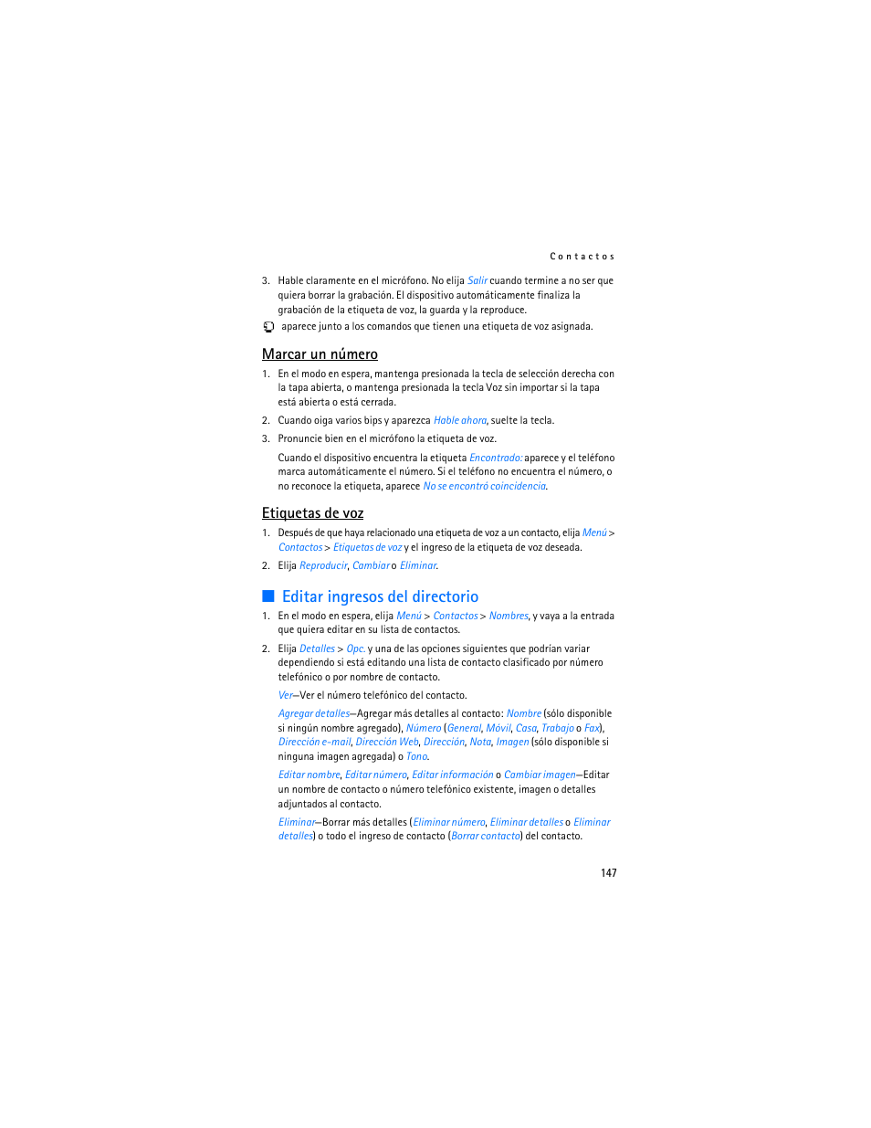 Editar ingresos del directorio, Marcar un número, Etiquetas de voz | Nokia 6155i User Manual | Page 148 / 209