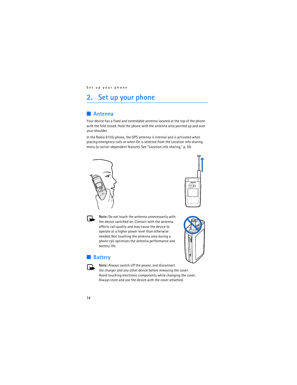 Set up your phone, Antenna, Battery | Nokia 6155i User Manual | Page 15 / 209