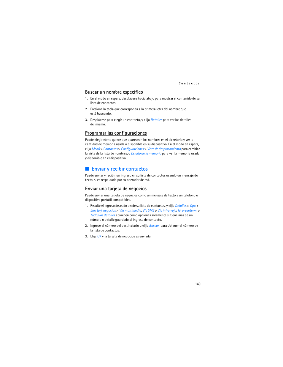 Enviar y recibir contactos, Buscar un nombre específico, Programar las configuraciones | Enviar una tarjeta de negocios | Nokia 6155i User Manual | Page 150 / 209