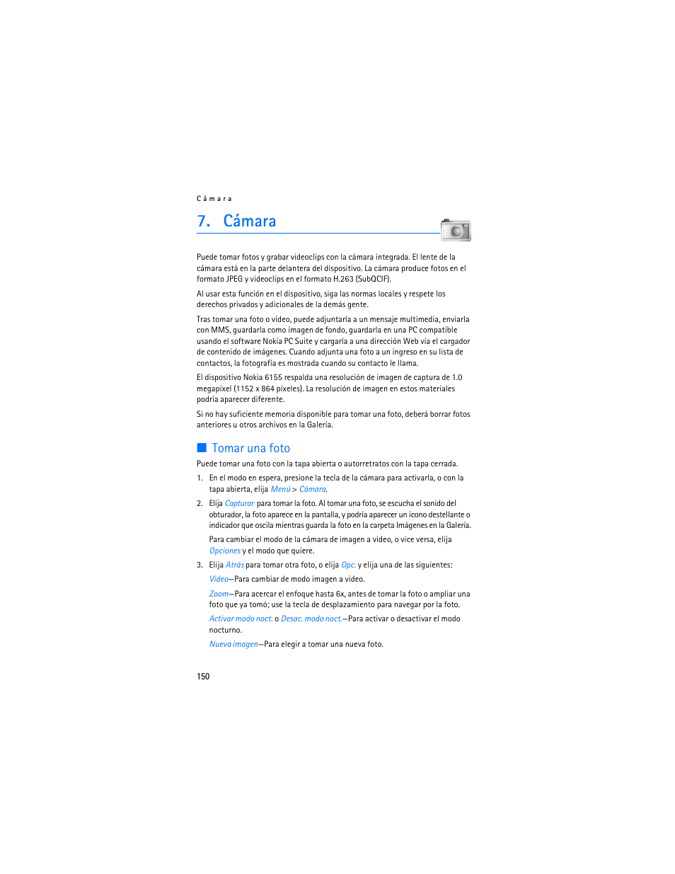Cámara, Tomar fotos, Tomar una foto | Nokia 6155i User Manual | Page 151 / 209