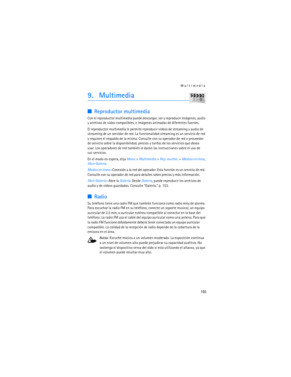 Multimedia, Reproductor multimedia, Radio | Nokia 6155i User Manual | Page 156 / 209