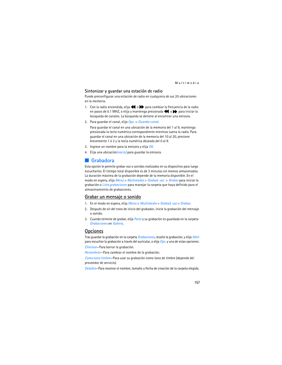 Grabadora, Grabar un mensaje o sonido, Opciones | Nokia 6155i User Manual | Page 158 / 209