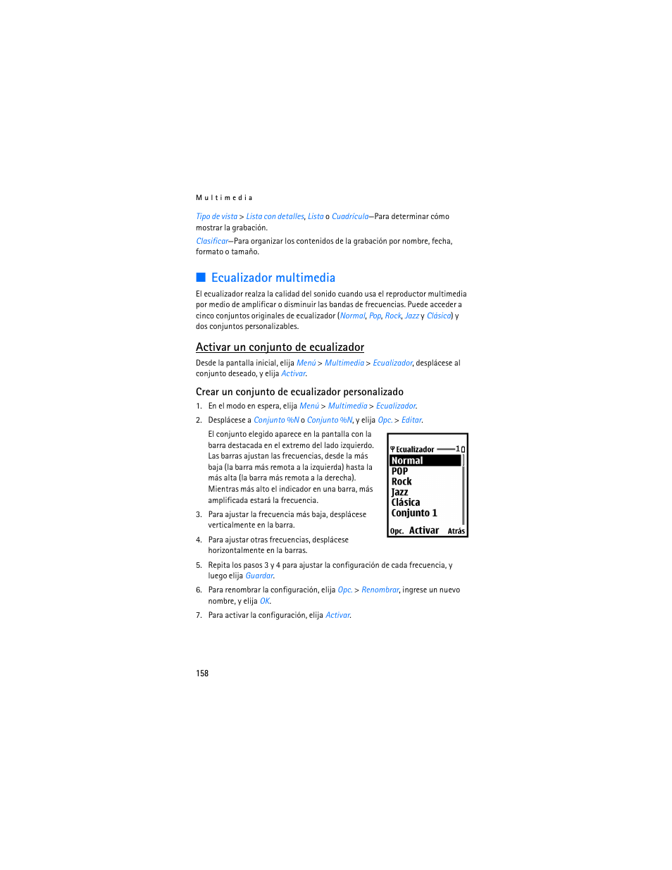 Ecualizador multimedia, Activar un conjunto de ecualizador | Nokia 6155i User Manual | Page 159 / 209