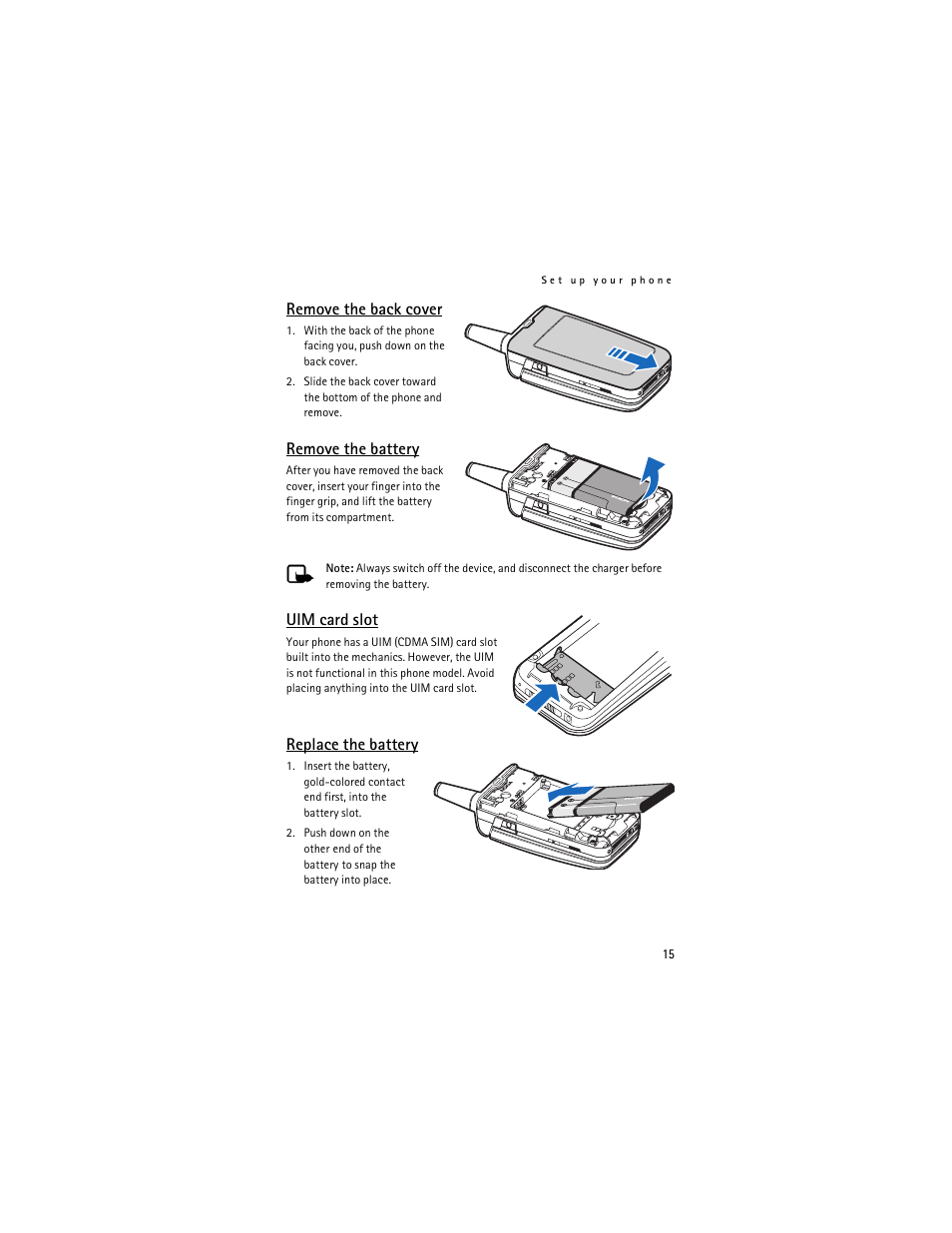 Remove the back cover, Remove the battery, Uim card slot | Replace the battery | Nokia 6155i User Manual | Page 16 / 209