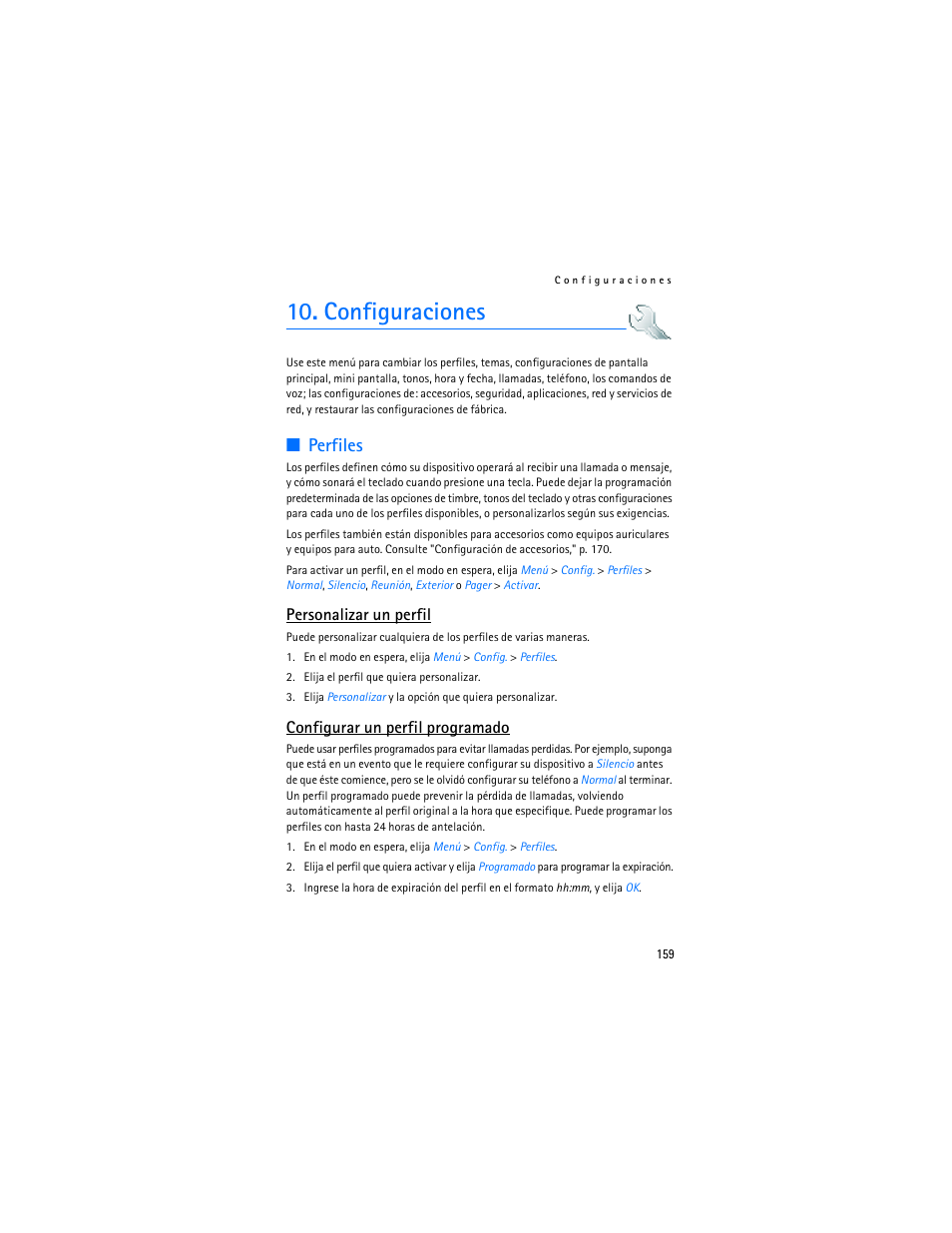 Configuraciones, Perfiles, Perfiles," p. 159 | Personalizar un perfil, Configurar un perfil programado | Nokia 6155i User Manual | Page 160 / 209