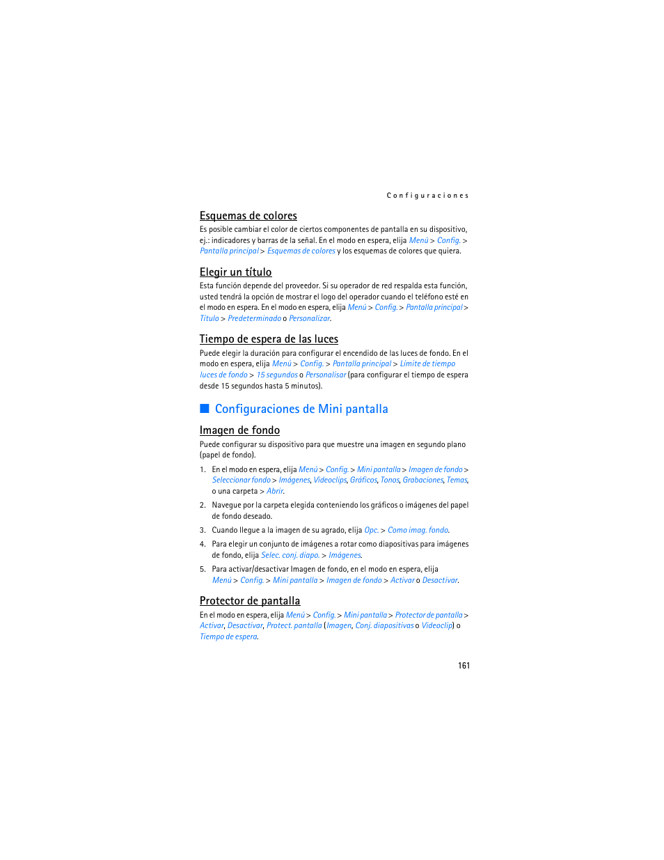 Configuraciones de mini pantalla, Esquemas de colores, Elegir un título | Tiempo de espera de las luces, Imagen de fondo, Protector de pantalla | Nokia 6155i User Manual | Page 162 / 209