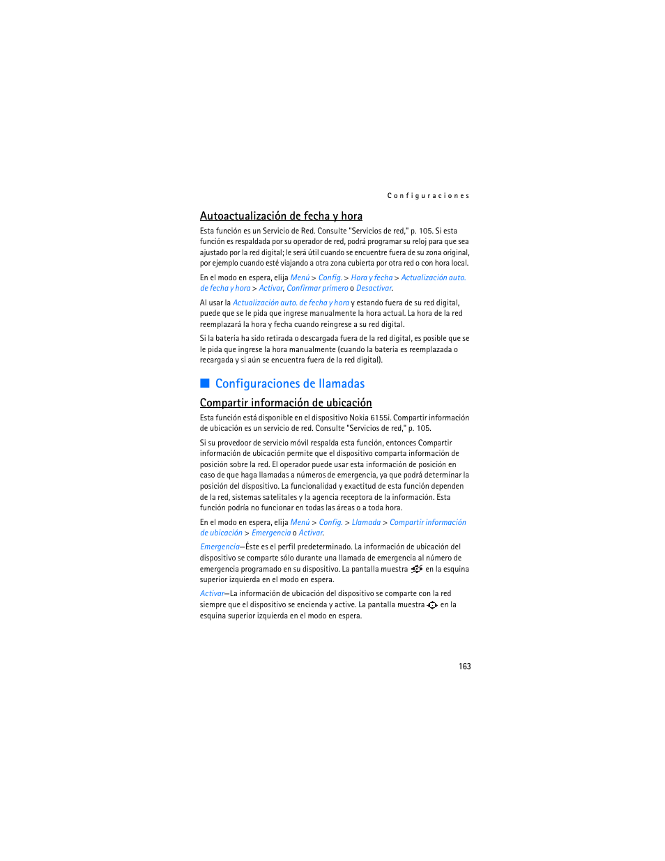 Configuraciones de llamadas, Compartir información de ubicación, P. 163 | Autoactualización de fecha y hora | Nokia 6155i User Manual | Page 164 / 209