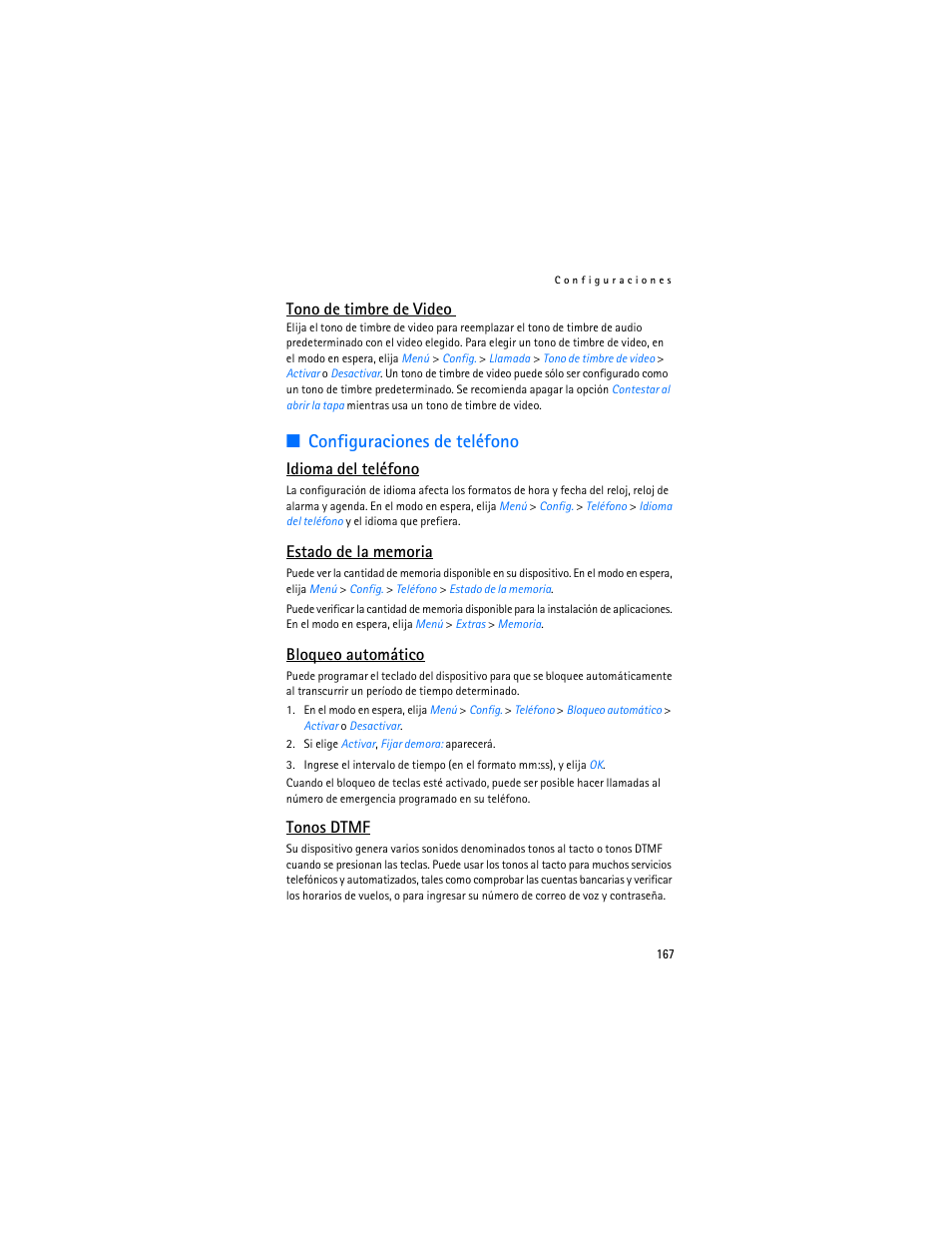 Configuraciones de teléfono, Tono de timbre de video, Idioma del teléfono | Bloqueo automático, Tonos dtmf | Nokia 6155i User Manual | Page 168 / 209