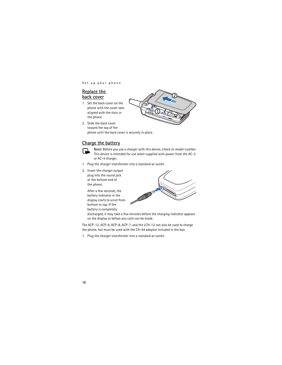 Replace the back cover, Charge the battery | Nokia 6155i User Manual | Page 17 / 209