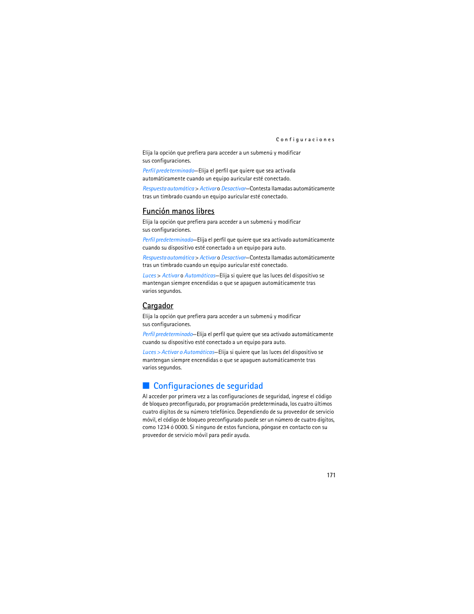 Configuraciones de seguridad, Función manos libres, Cargador | Nokia 6155i User Manual | Page 172 / 209