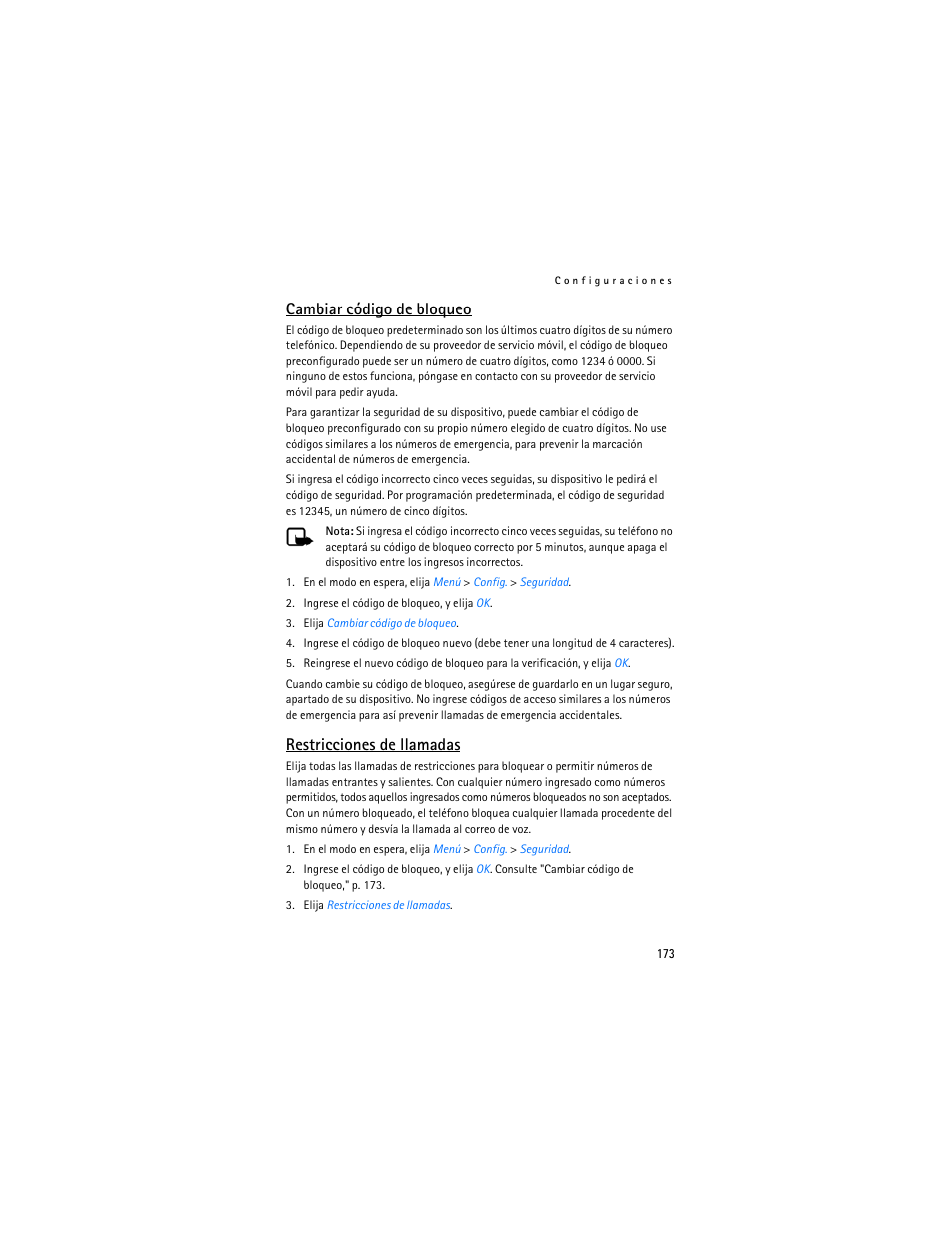 Cambiar código de, Bloqueo," p. 173, Cambiar código de bloqueo | P. 173, Restricciones de llamadas | Nokia 6155i User Manual | Page 174 / 209