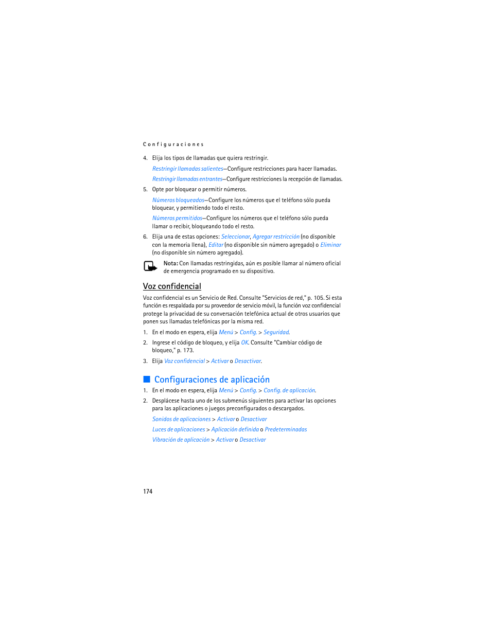 Configuraciones de aplicación, Voz confidencial | Nokia 6155i User Manual | Page 175 / 209