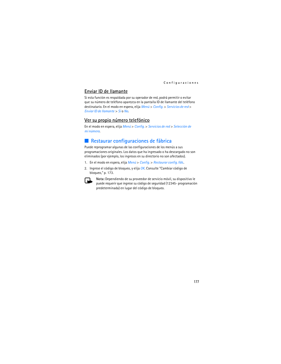 Restaurar configuraciones de fábrica, Enviar id de llamante, Ver su propio número telefónico | Nokia 6155i User Manual | Page 178 / 209