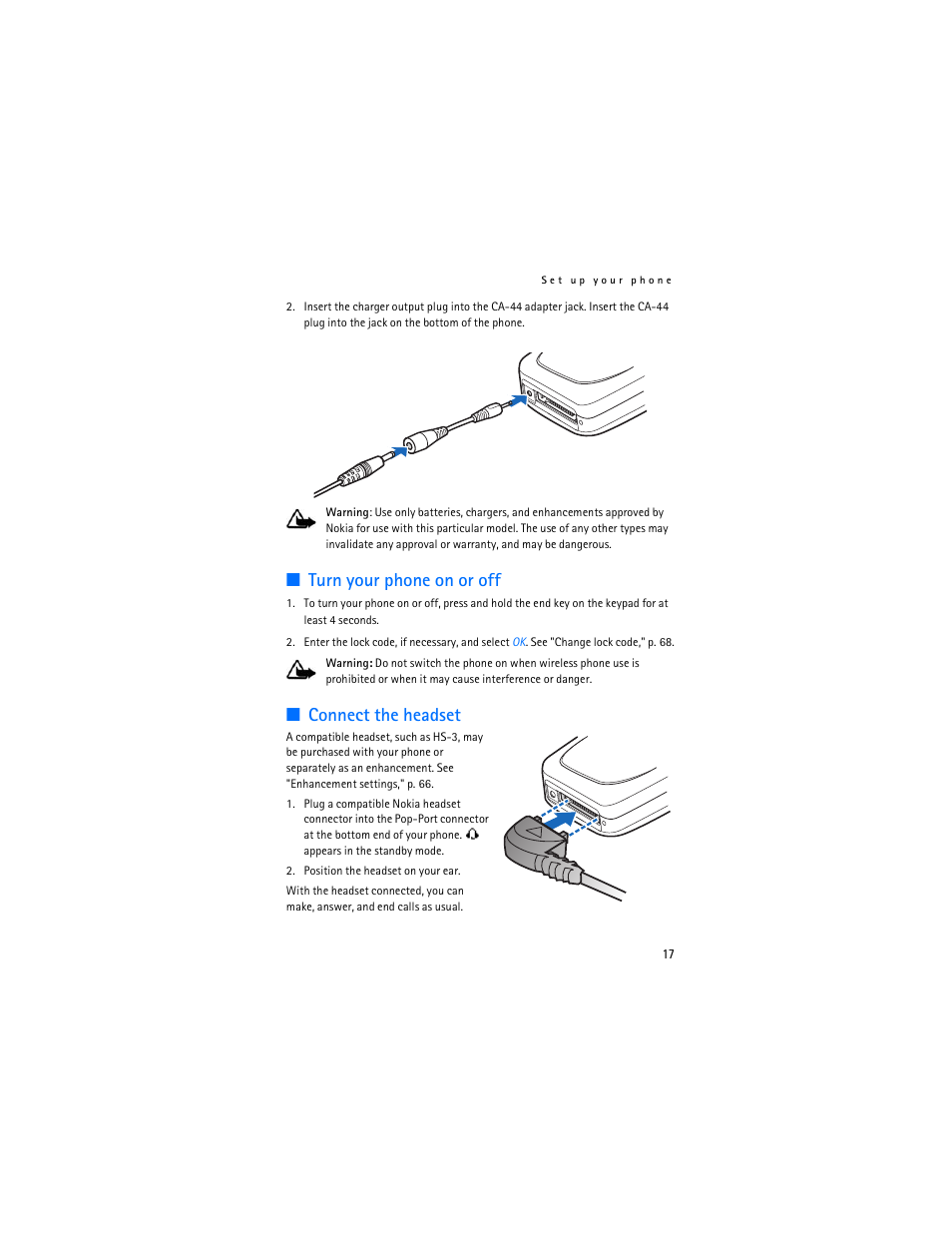 Turn your phone on or off, Connect the headset | Nokia 6155i User Manual | Page 18 / 209