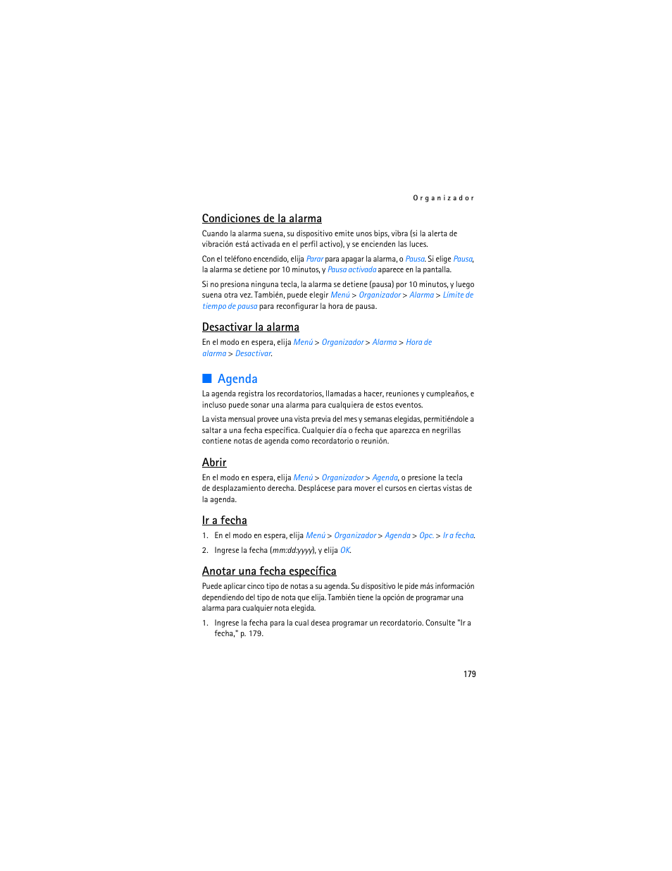 Agenda, Condiciones de la alarma, Desactivar la alarma | Abrir, Ir a fecha, Anotar una fecha específica | Nokia 6155i User Manual | Page 180 / 209