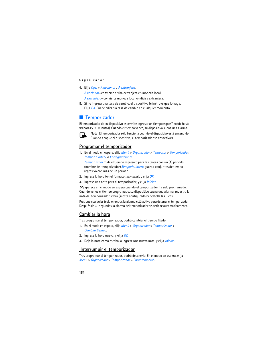 Temporizador, Programar el temporizador, Cambiar la hora | Interrumpir el temporizador | Nokia 6155i User Manual | Page 185 / 209