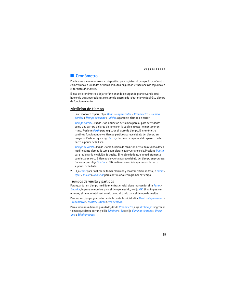 Cronómetro, Medición de tiempo | Nokia 6155i User Manual | Page 186 / 209