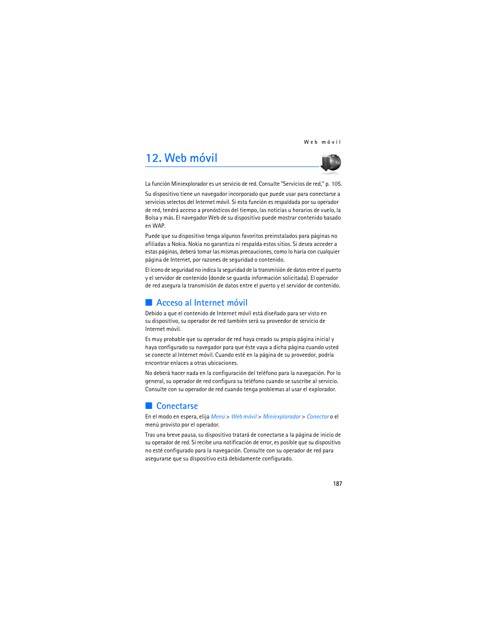 Web móvil, Acceso al internet móvil, Conectarse | Nokia 6155i User Manual | Page 188 / 209