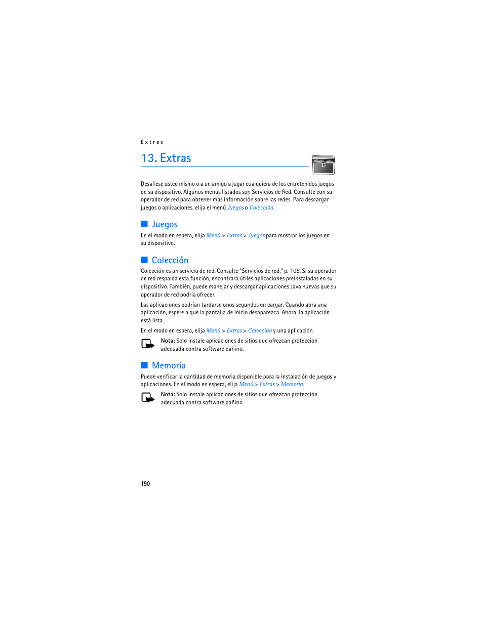 Extras, Juegos, Colecciones | Memoria, Colección | Nokia 6155i User Manual | Page 191 / 209