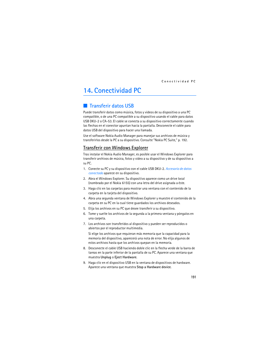 Conectividad pc, Transferencia de datos usb, Transferir datos usb | Transferir con windows explorer | Nokia 6155i User Manual | Page 192 / 209