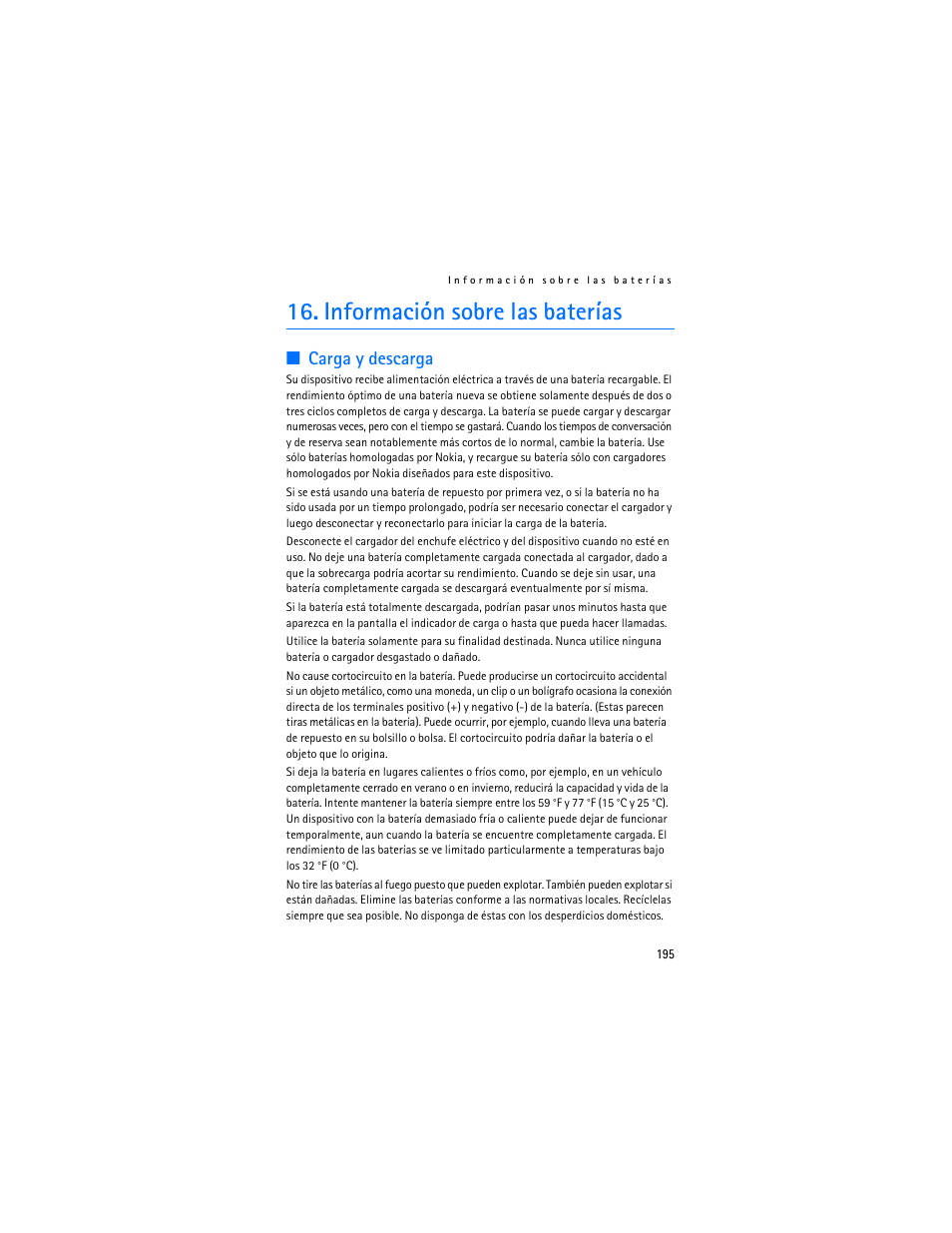 Información sobre las baterías, Carga y descarga | Nokia 6155i User Manual | Page 196 / 209