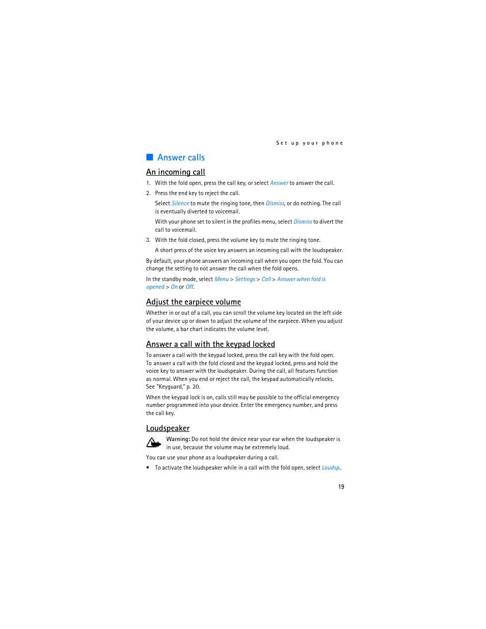 Answer calls, Loudspeaker," p. 19, An incoming call | Adjust the earpiece volume, Answer a call with the keypad locked, Loudspeaker | Nokia 6155i User Manual | Page 20 / 209