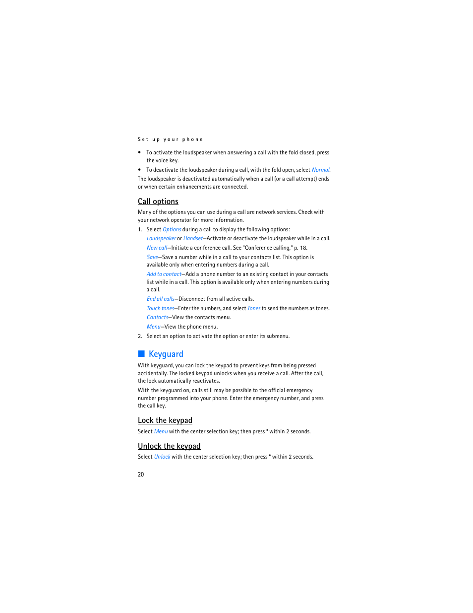 Keyguard, Keyguard," p. 20, Call options | Lock the keypad, Unlock the keypad | Nokia 6155i User Manual | Page 21 / 209