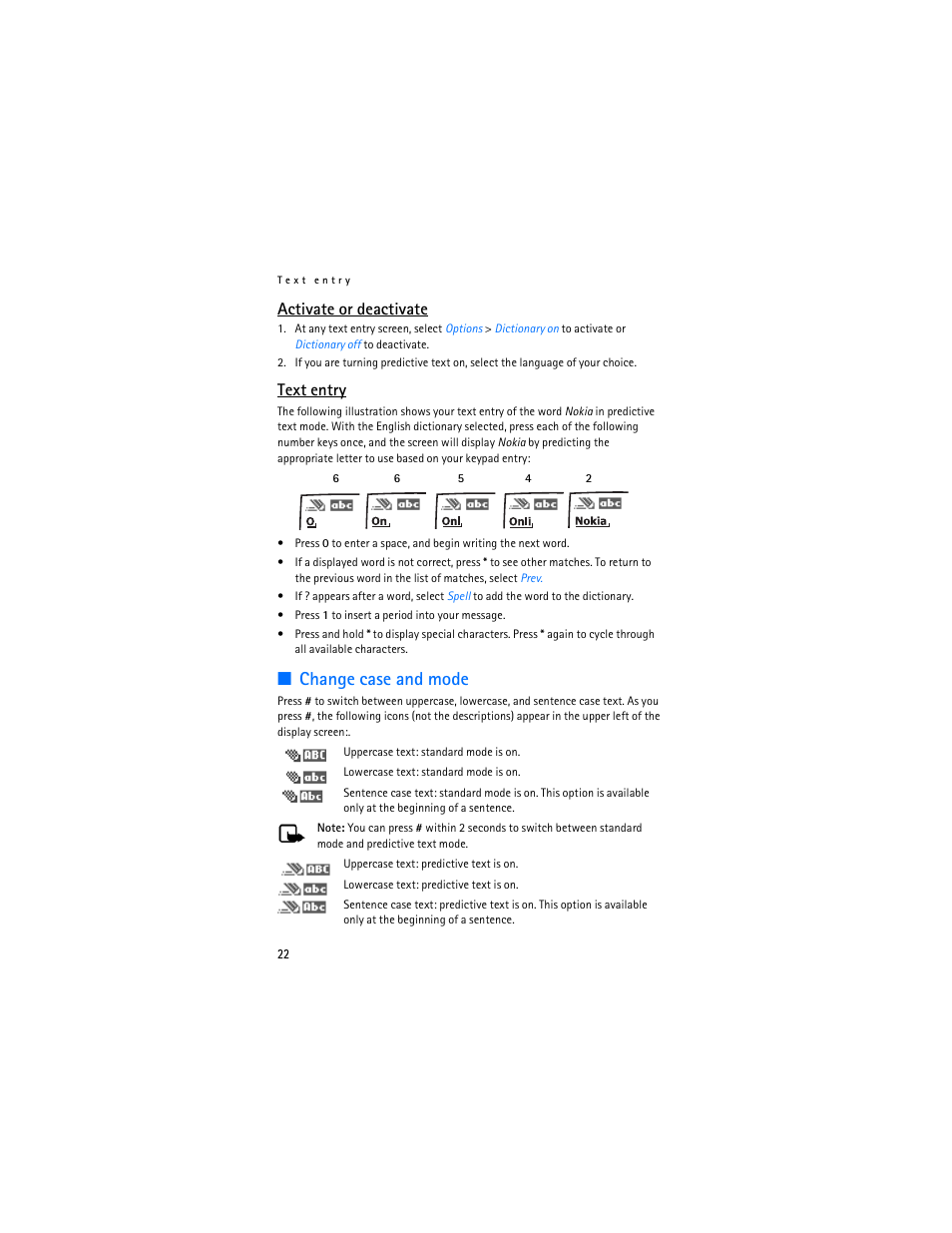 Change case and mode, Activate or deactivate, Text entry | Nokia 6155i User Manual | Page 23 / 209