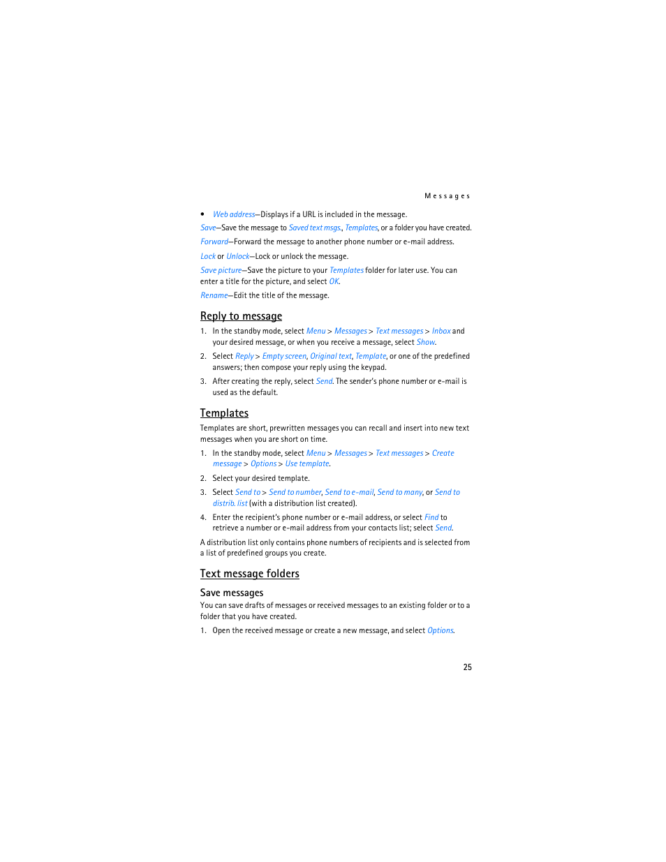Reply to message, Templates, Text message folders | Nokia 6155i User Manual | Page 26 / 209