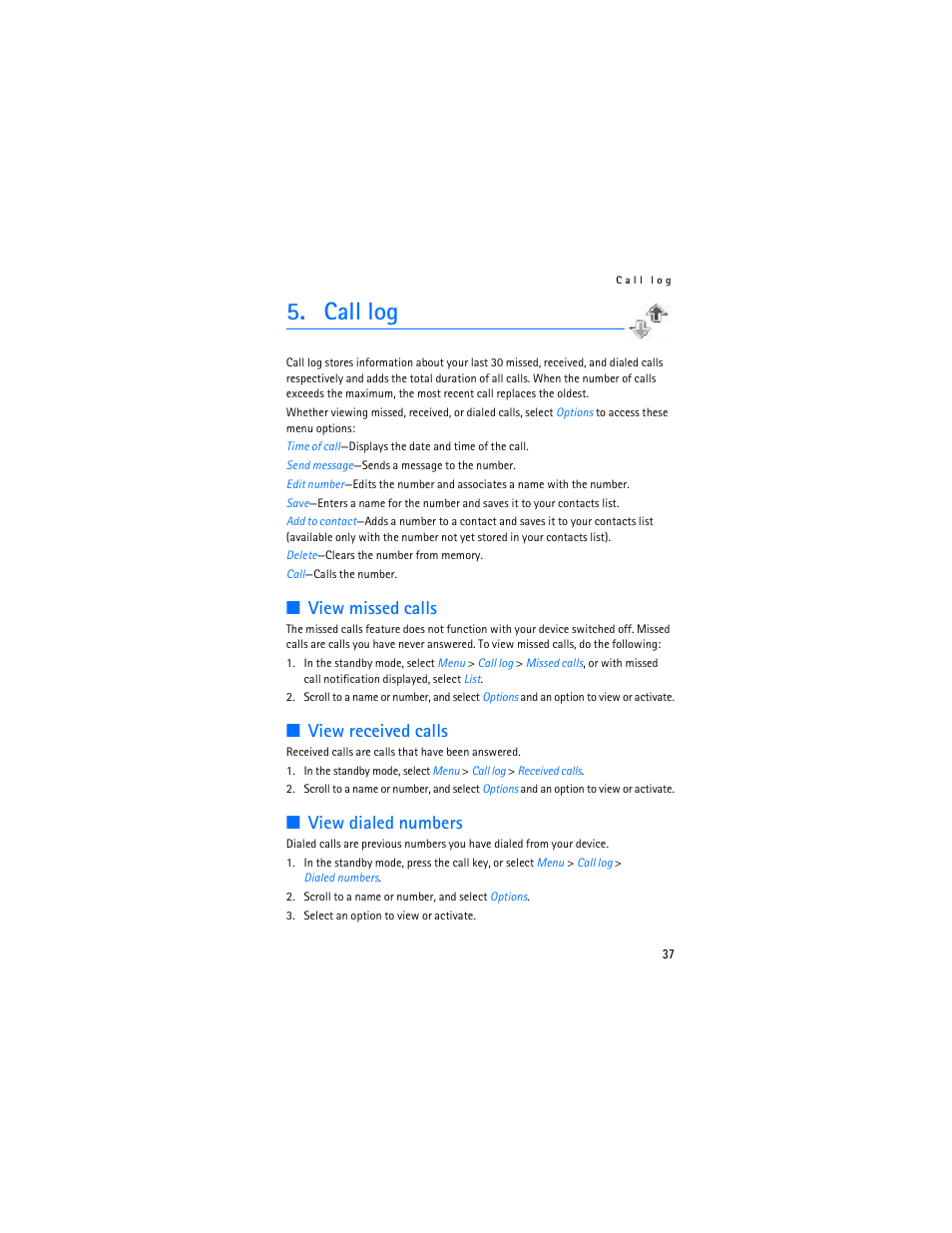 Call log, View missed calls, View received calls | View dialed numbers, View missed calls," p. 37 | Nokia 6155i User Manual | Page 38 / 209