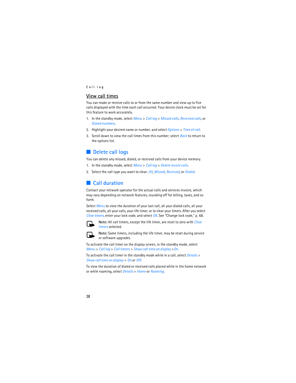 Deleting call logs, Call duration, Delete call logs | View call times | Nokia 6155i User Manual | Page 39 / 209