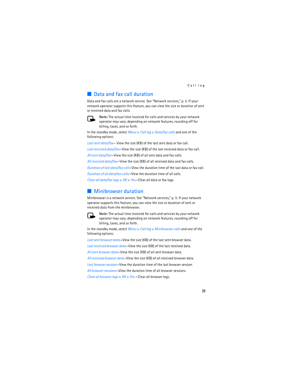 Data and fax call duration, Minibrowser duration | Nokia 6155i User Manual | Page 40 / 209