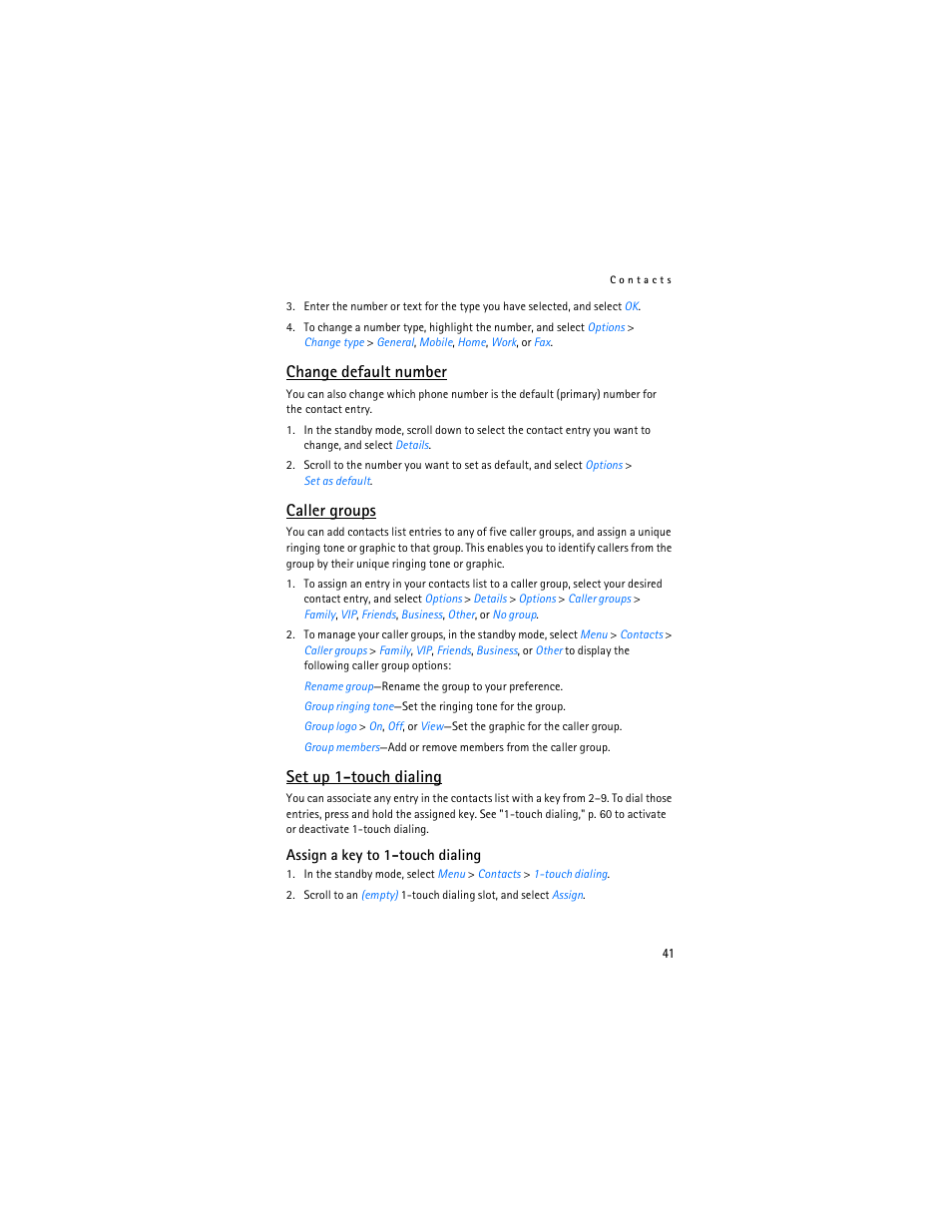 Change default number, Caller groups, Set up 1-touch dialing | Nokia 6155i User Manual | Page 42 / 209