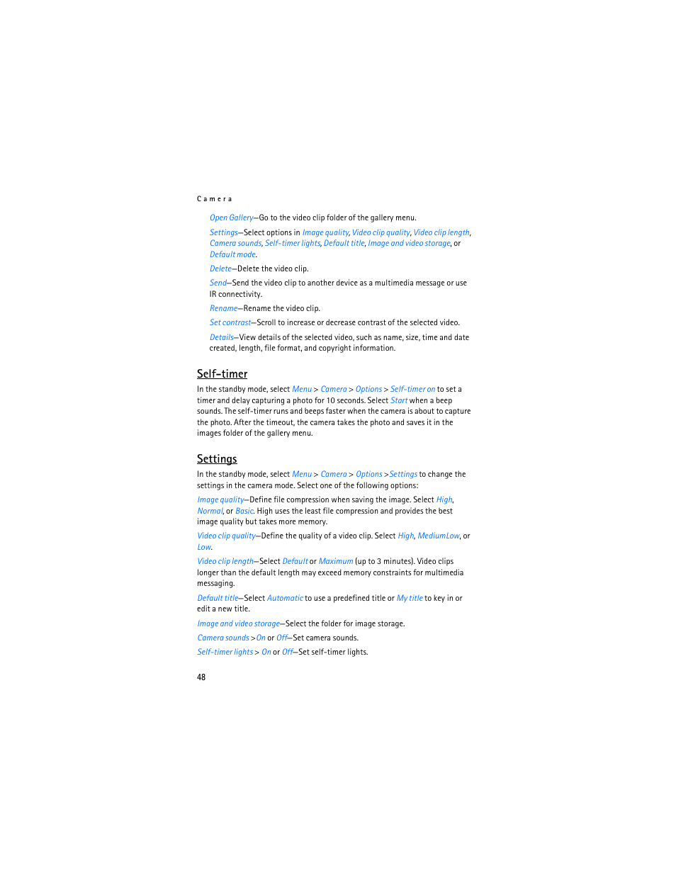 Self-timer, Settings | Nokia 6155i User Manual | Page 49 / 209