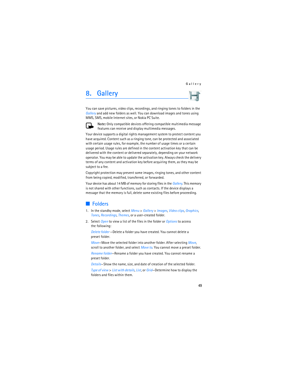 Gallery, Folders | Nokia 6155i User Manual | Page 50 / 209