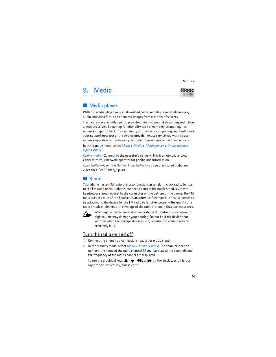 Media, Media player, Radio | Turn the radio on and off | Nokia 6155i User Manual | Page 52 / 209