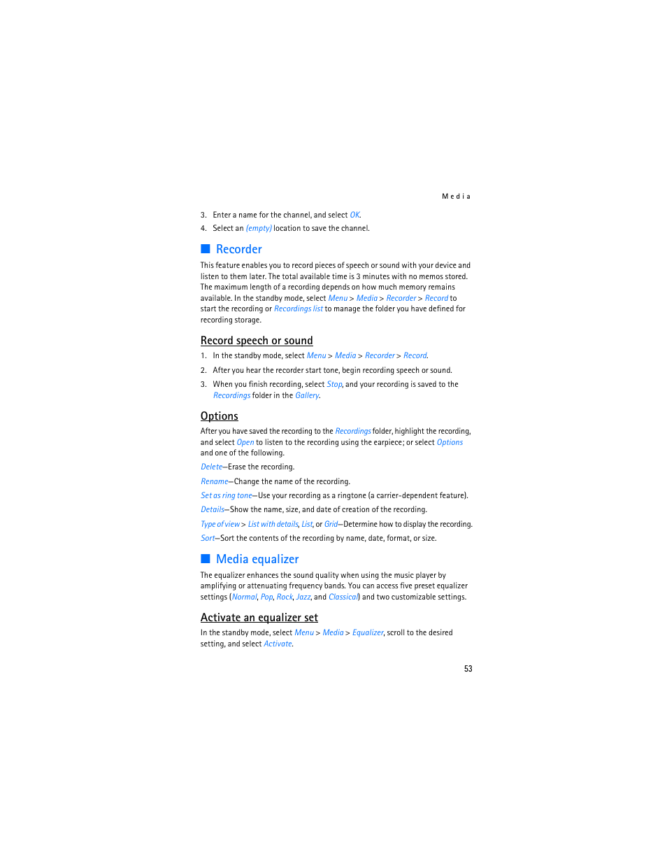 Voice recorder, Media equalizer, Recorder | Record speech or sound, Options, Activate an equalizer set | Nokia 6155i User Manual | Page 54 / 209