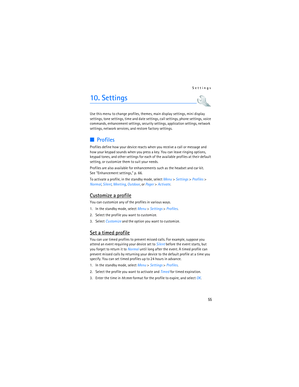 Settings, Profiles, Profiles," p. 55 | Customize a profile, Set a timed profile | Nokia 6155i User Manual | Page 56 / 209